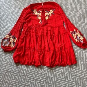 Vibrant Free People Red Women's Mini Dress with Embroidered Floral Accents